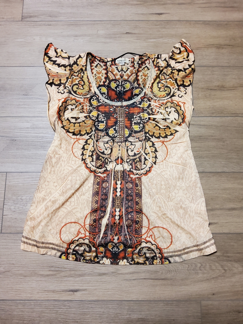 ONE WORLD Y2K Boho Paisley Medallion Embellished Butterfly Sleeve Scoop Neck Top